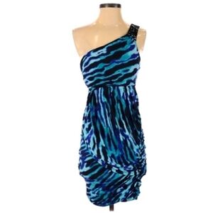 Vintage Y2K City Triangles One Shoulder Blue Animal Print Dress Women's Small S
